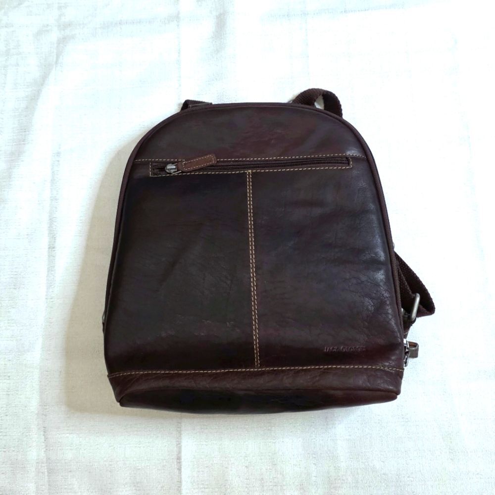 Jack Georges Brown Leather Backpack Purse Vintage Style Striped Lining Pockets